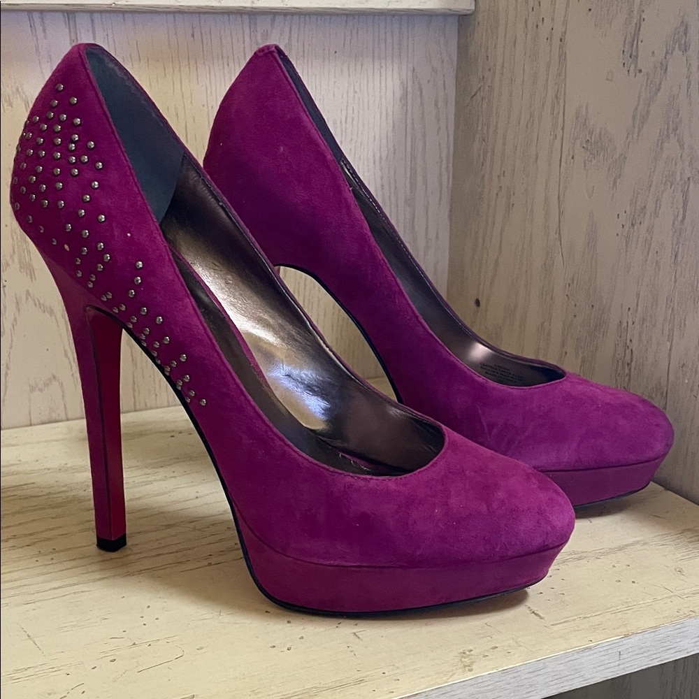 Paris Hilton Sarina Magenta Studded Heels - Signature Pink Sole Suede Pumps 10M
